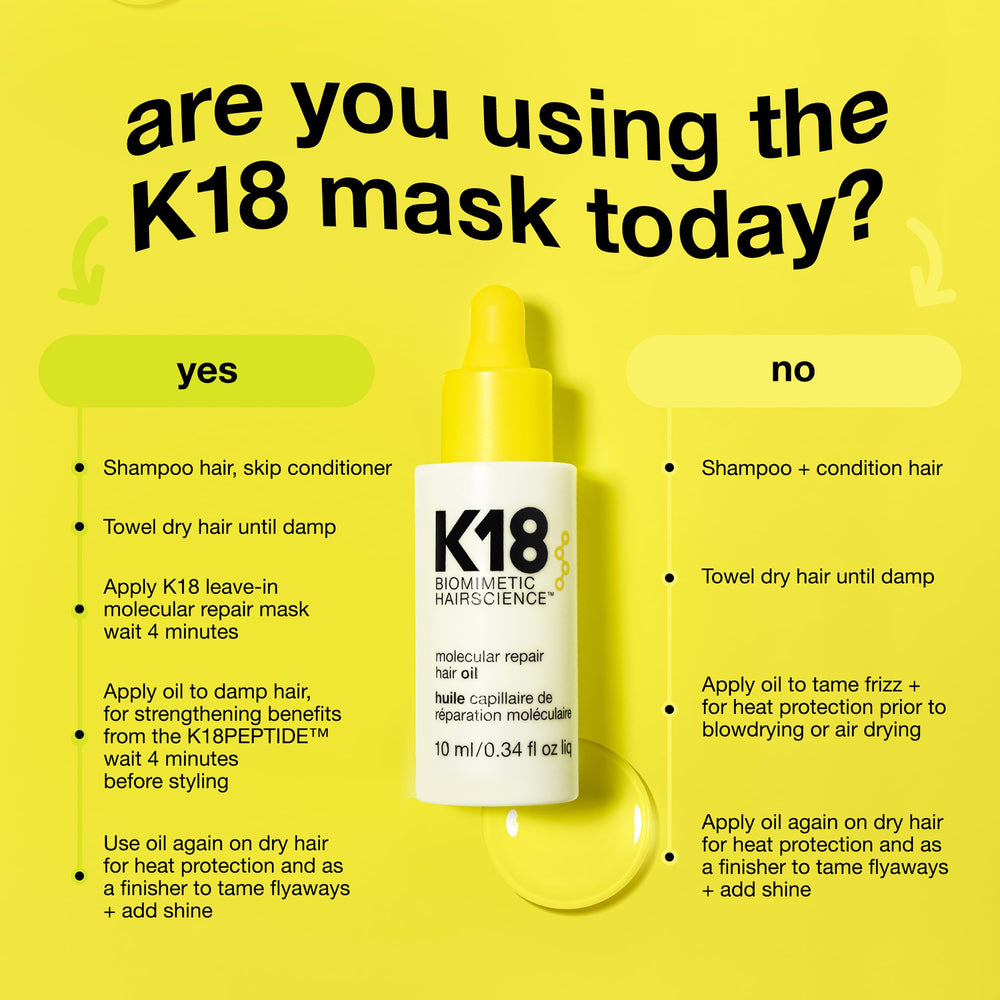 Droplets of K18 Molecular Repair Hair Oil on hair during application.