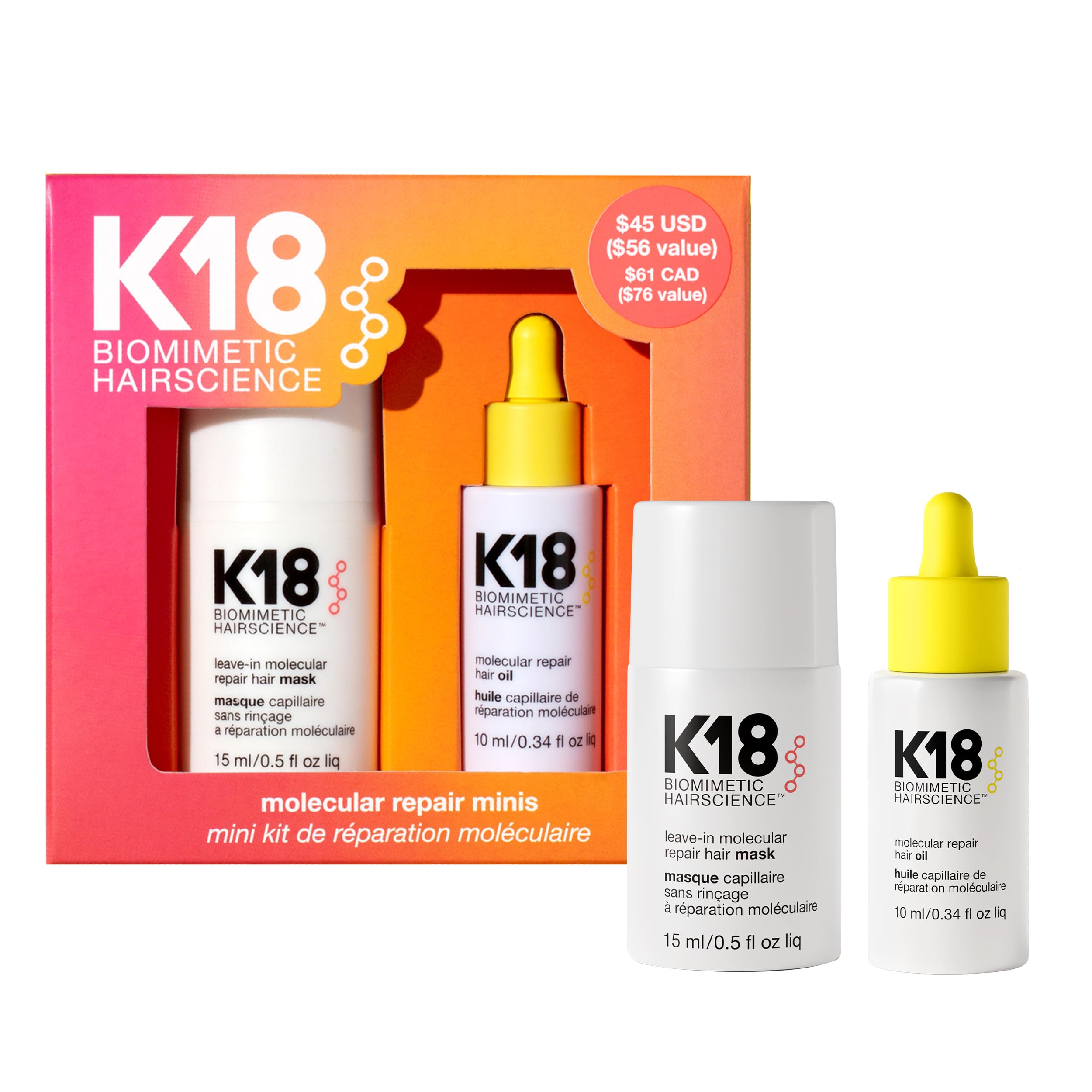 K18 Molecular Repair Minis Kit leave-in mask bottle for all hair types, adds shine.