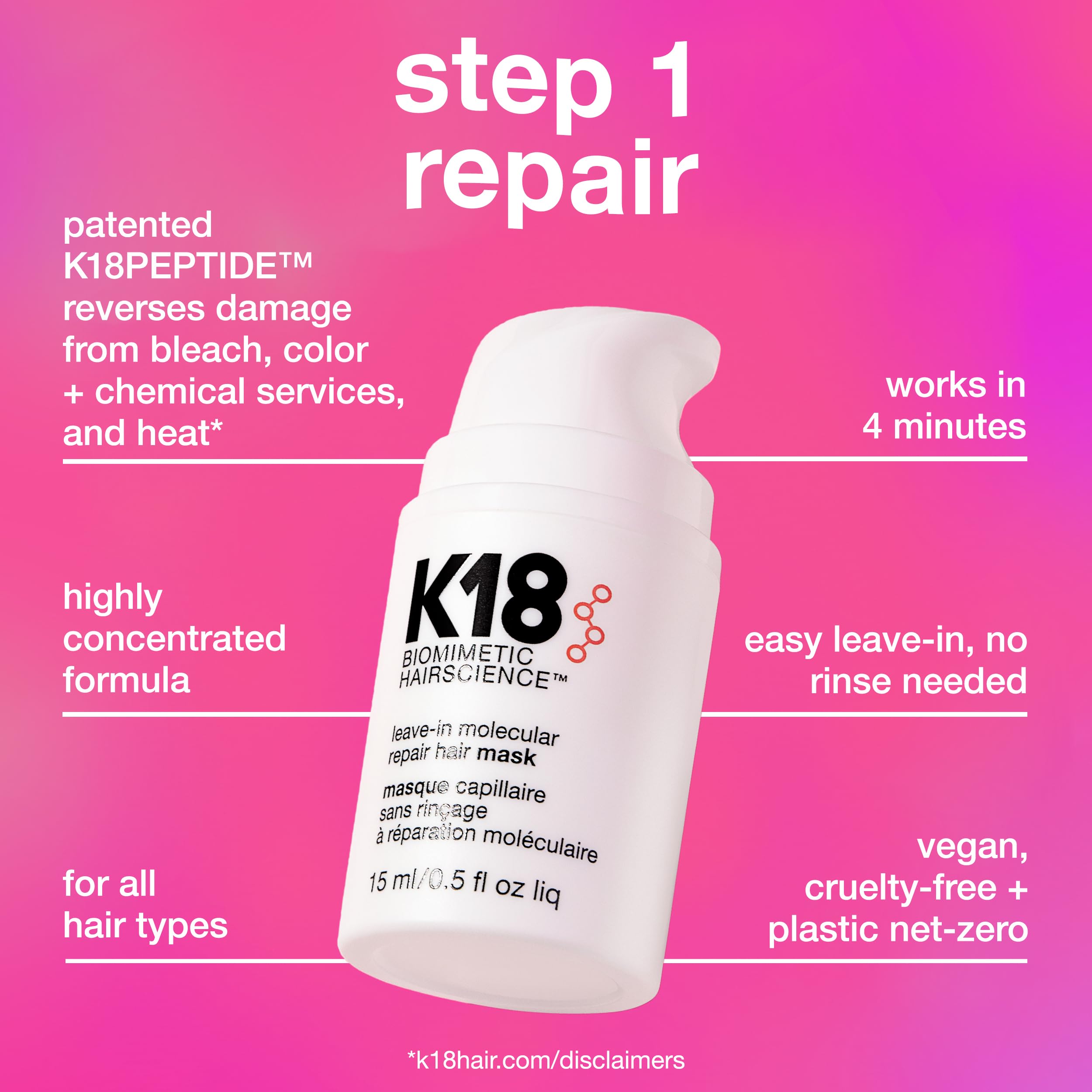 K18 repair oil bottle provides smoothness and frizz control for daily styling.