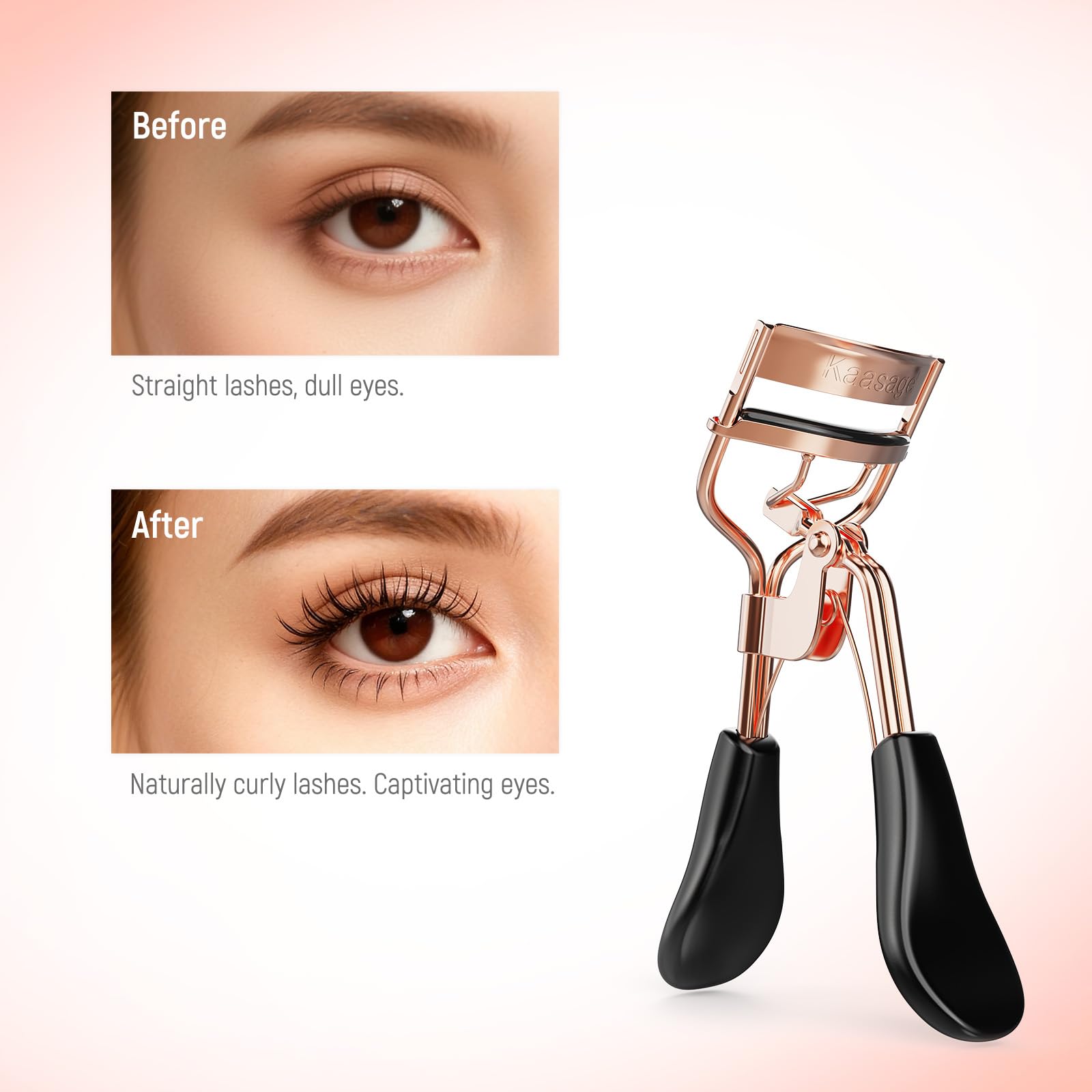 Kaasage carbon steel body with silicone pad protects lashes during curling.