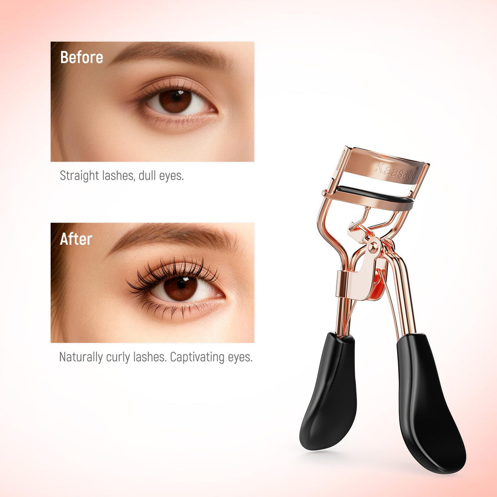 Kaasage carbon steel body with silicone pad protects lashes during curling.