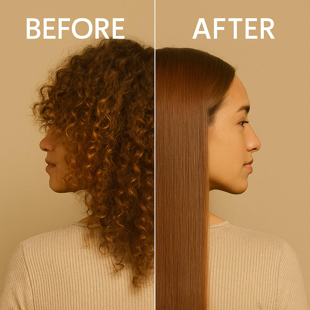 Kachita Spell chocolate keratin application demonstrating smoothing effect