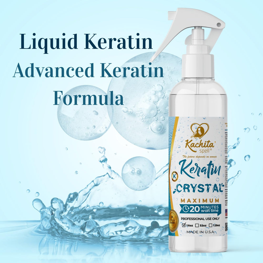 Kachita Spell Keratin Crystal spray bottle close-up showing even mist for even application