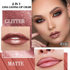 Kaely barra labial metalico bronce oscuro en accion para un acabado perlado duradero.
