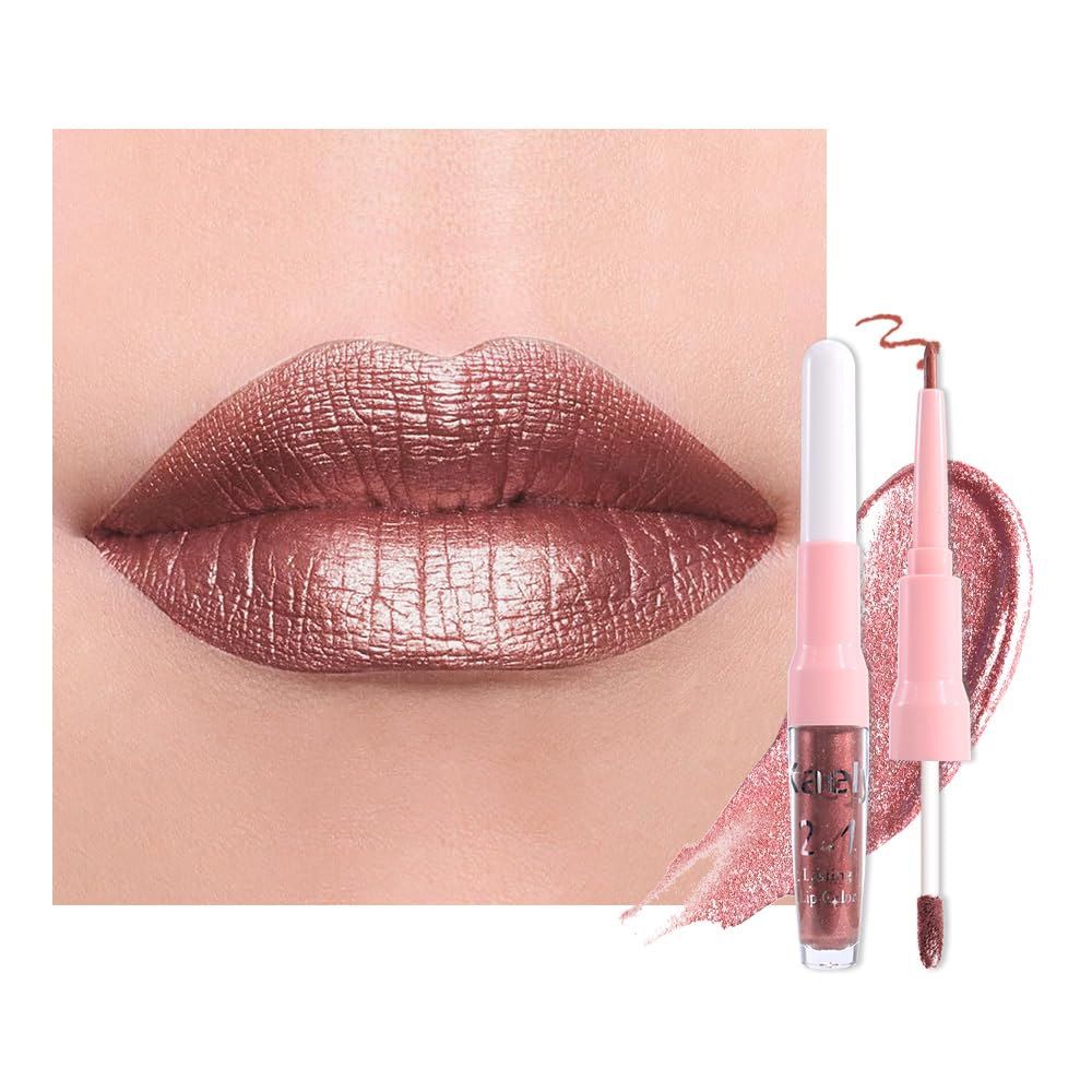 Kaely 2 en 1 barra labial metalico bronce oscuro para delinear y rellenar con brillo perlado.
