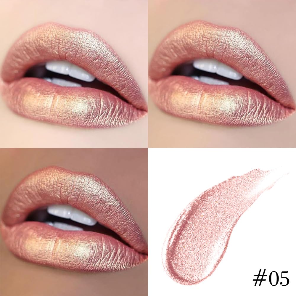 Kaely muestra labial metalico Champagne: efecto perlado luminoso.