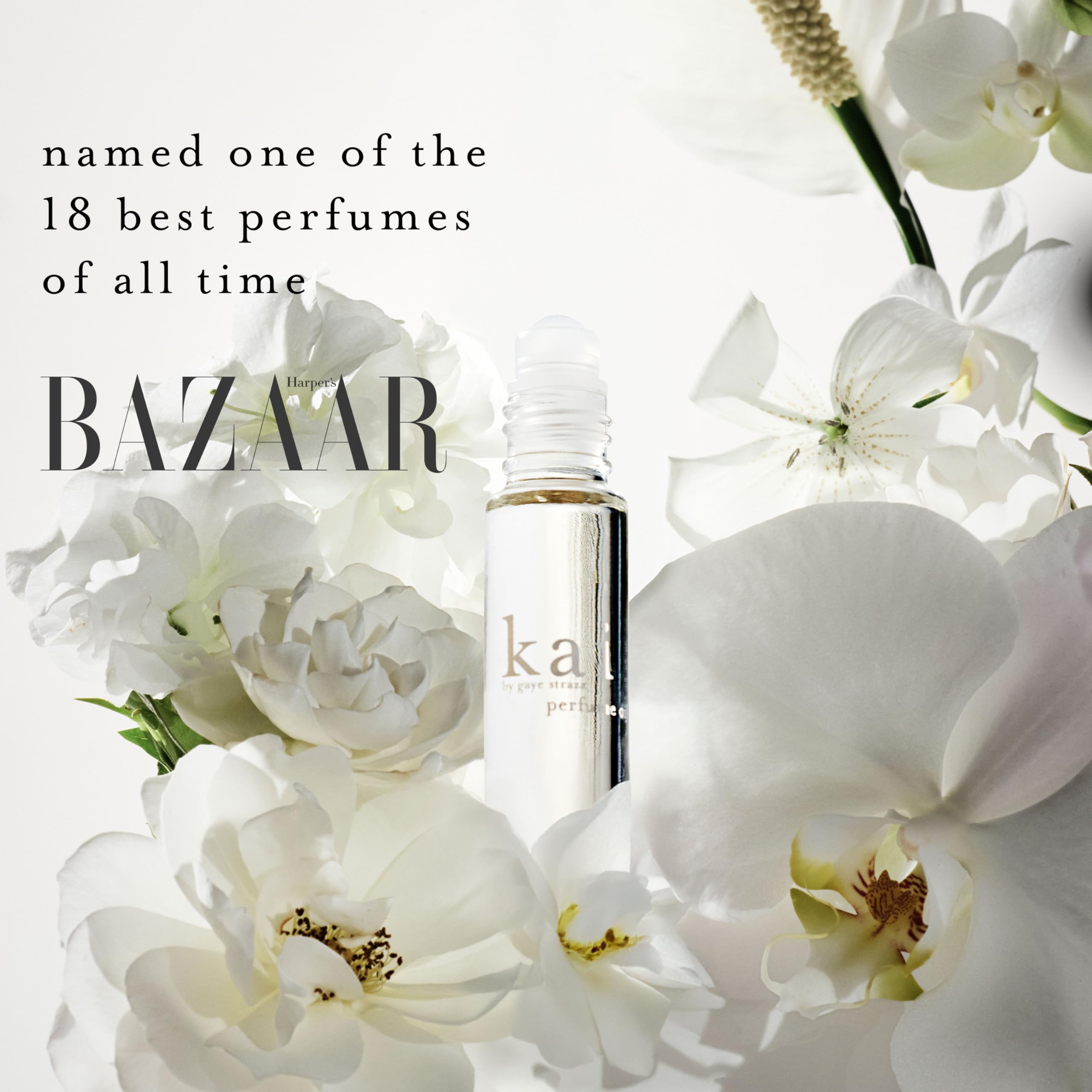 Kai perfume oil gardenia bottle closeup showcasing vegan, clean formula.