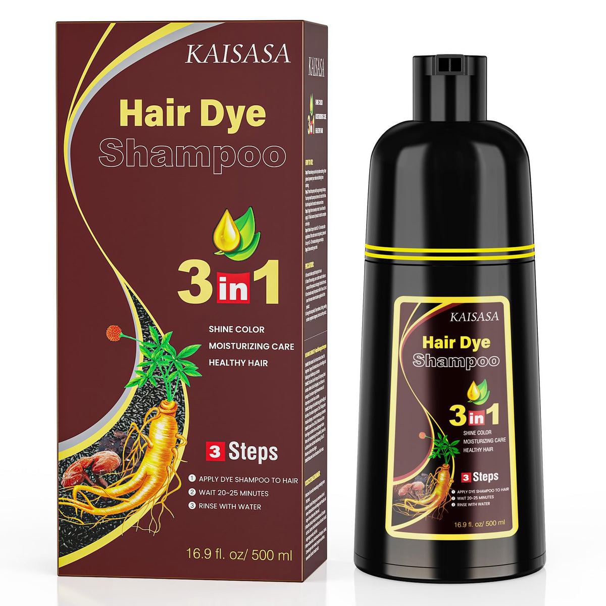 KAISASA shampoo-tinte en botella con cobertura total de canas para un color natural