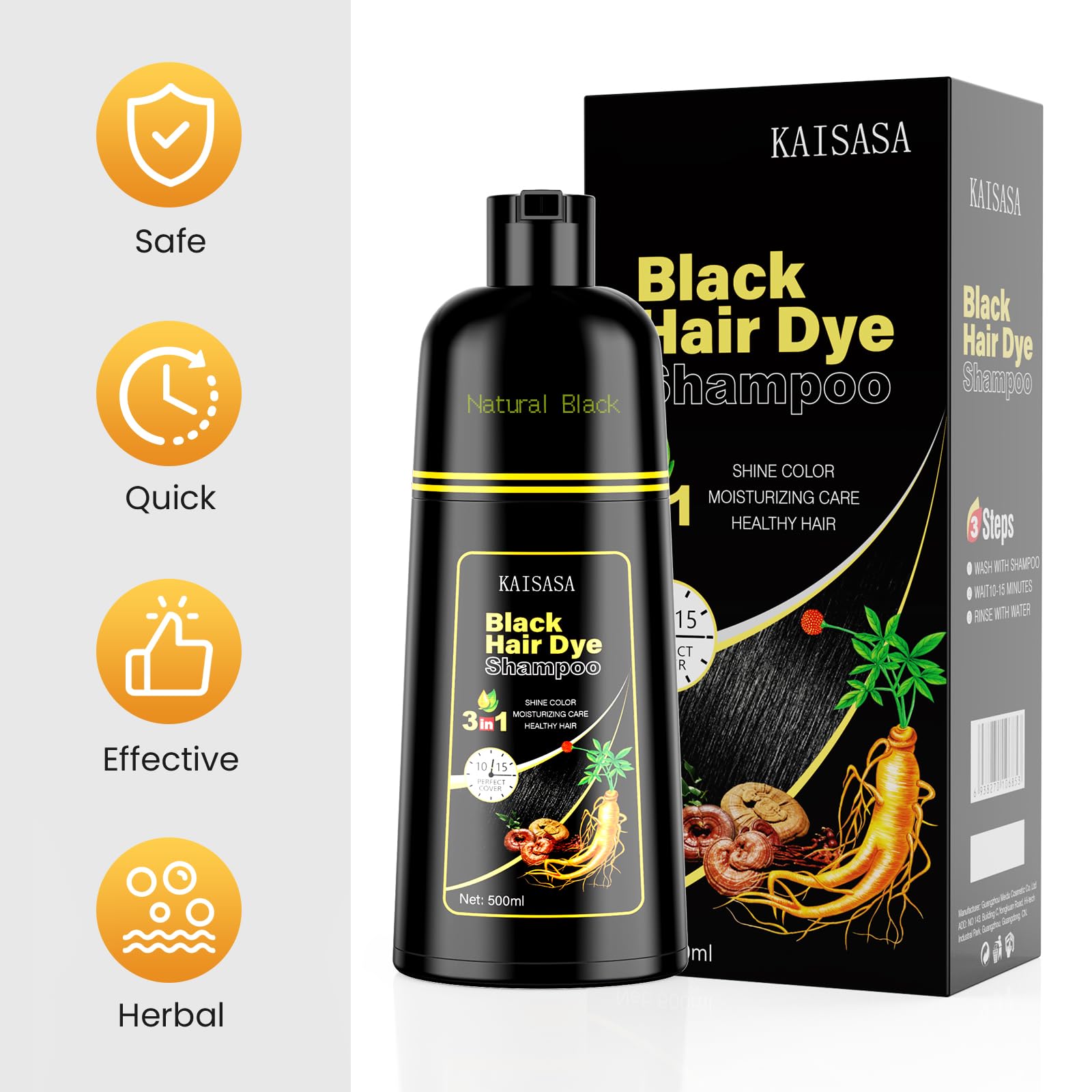 KAISASA champú tinte 3 en 1 apto para todo tipo de cabello.