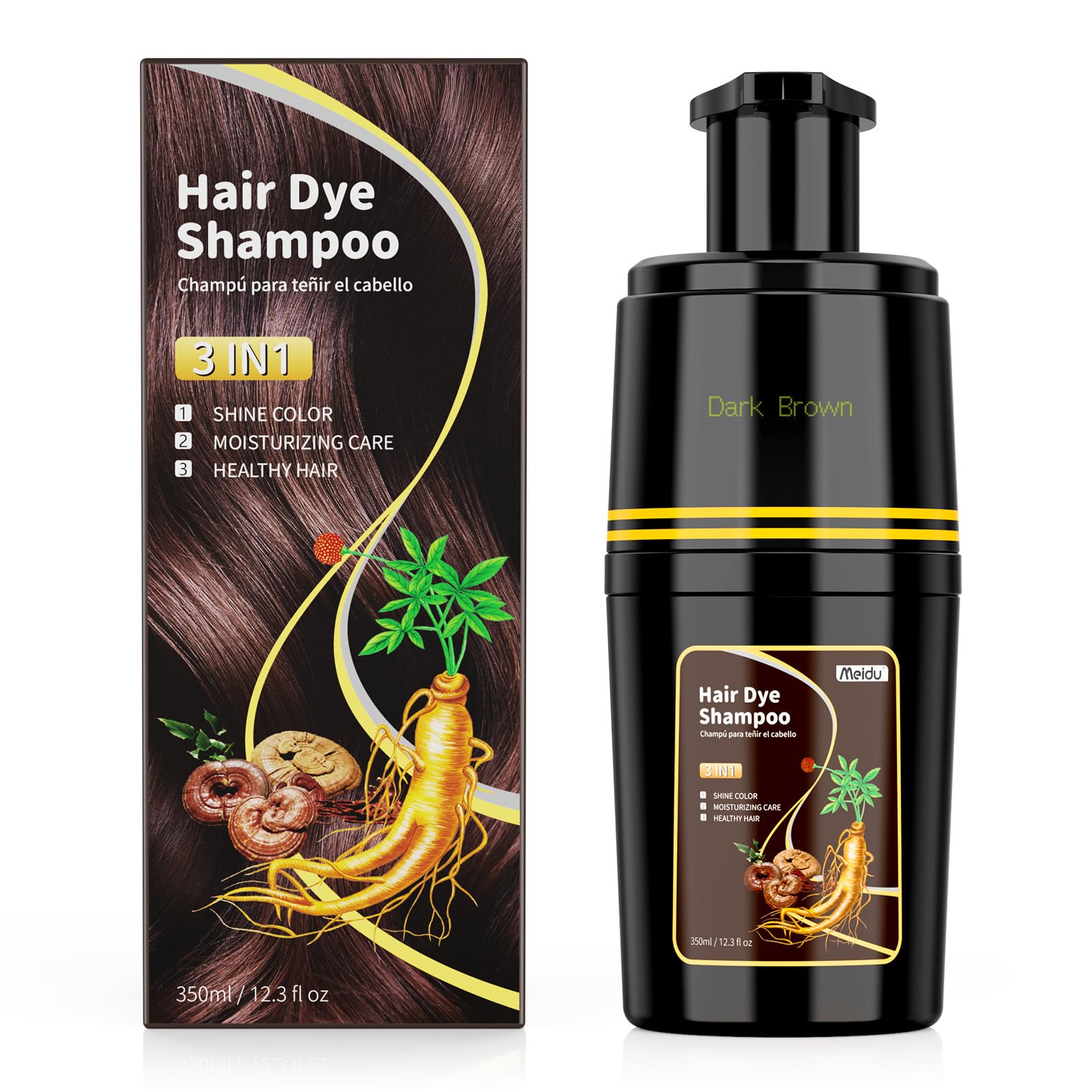 kaisasa tinte para cabello marron oscuro, botella visible con cobertura de canas