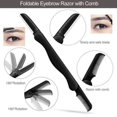 KAJUDA Eyebrow razor with comb demonstrates foldable design for easy trimming.