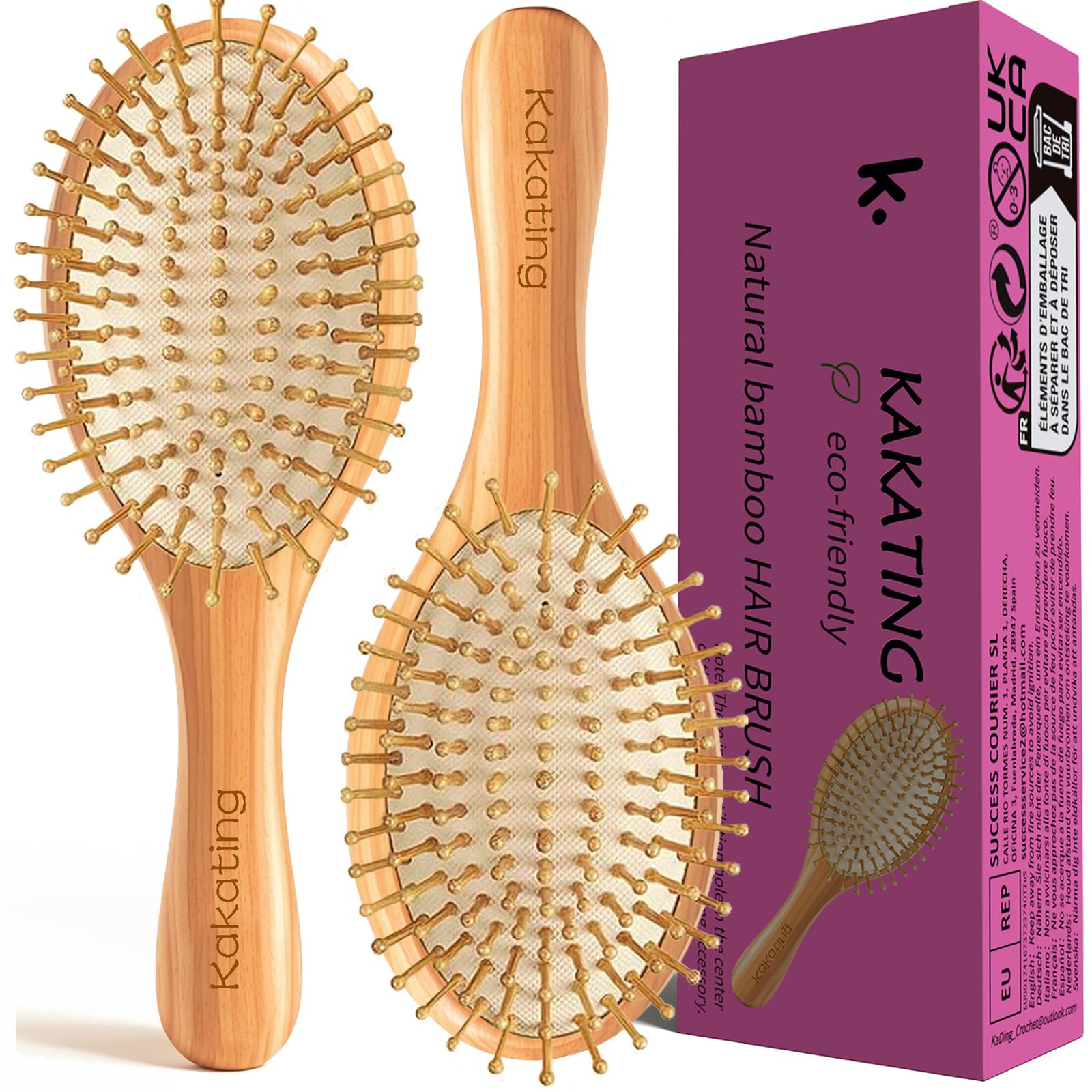 Kakating bamboo brush with beaded tips for scalp zone stimulation during brushing.