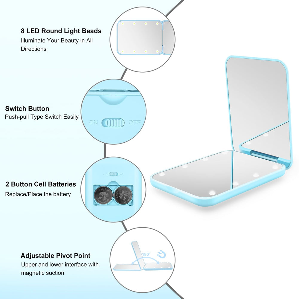 Kakuje blue compact mirror 3X close-up for precise detail checks.