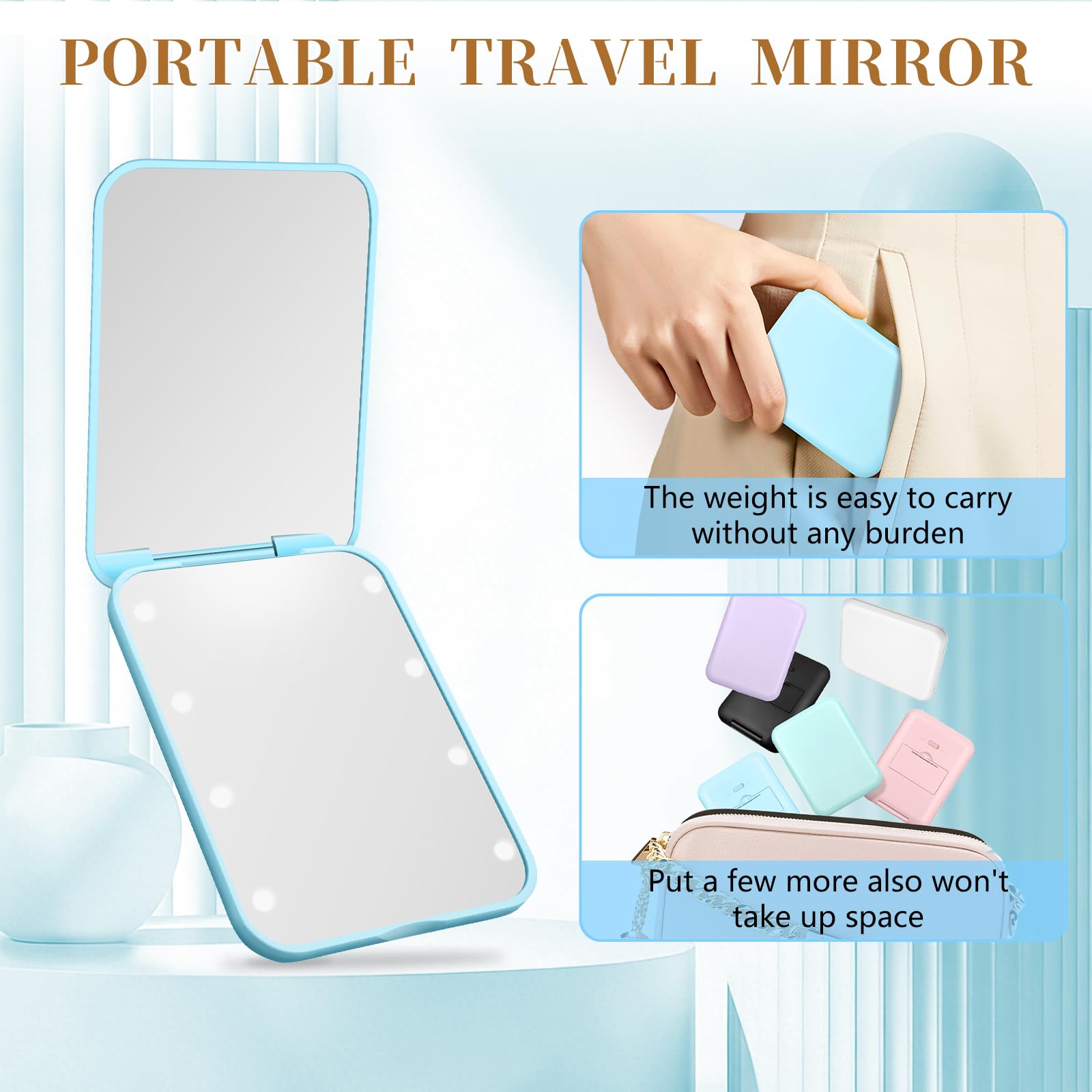 Kakuje blue compact mirror back with power button and LEDs for quick lighting.
