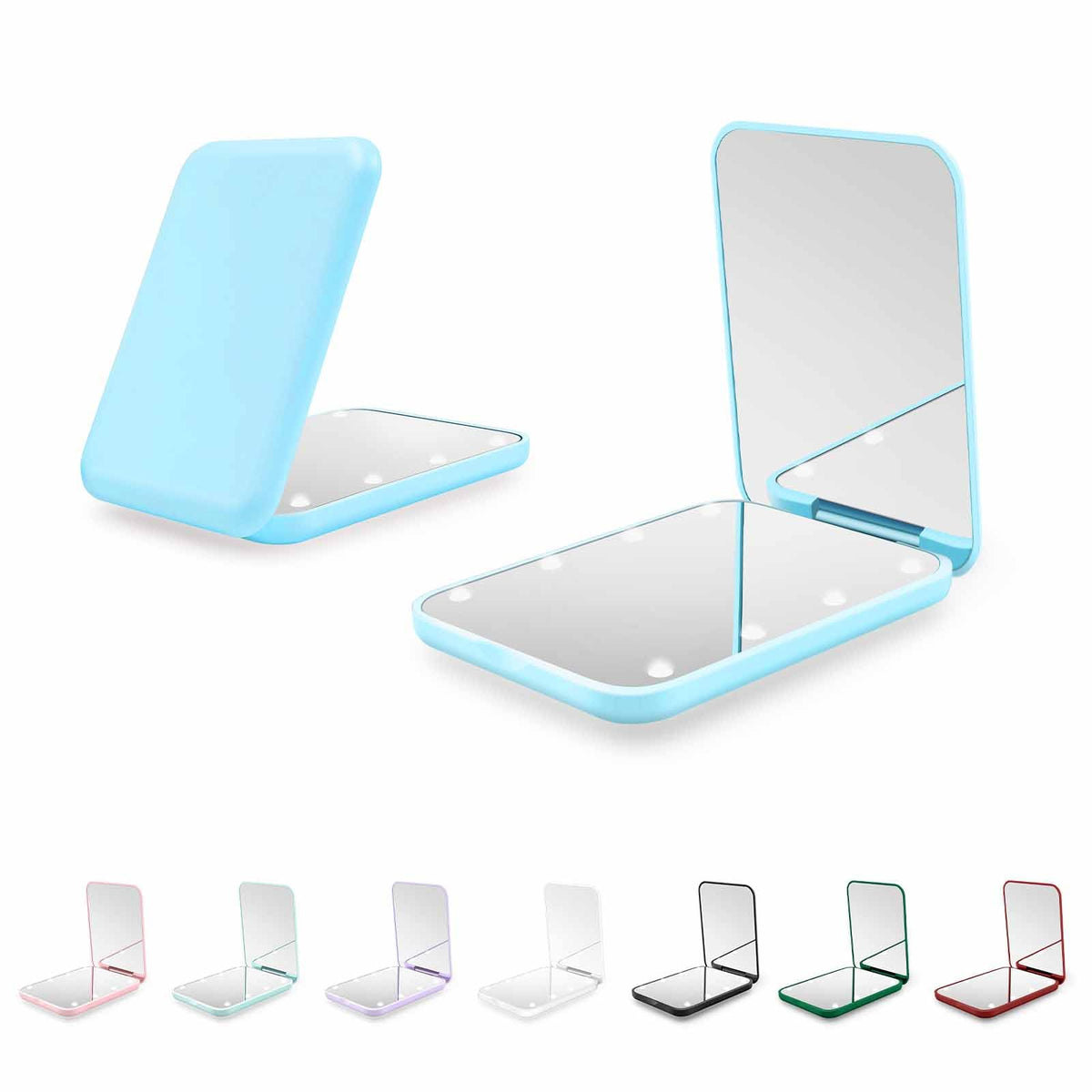 Kakuje blue compact mirror, closed in a pocket-friendly case for on-the-go touch-ups.