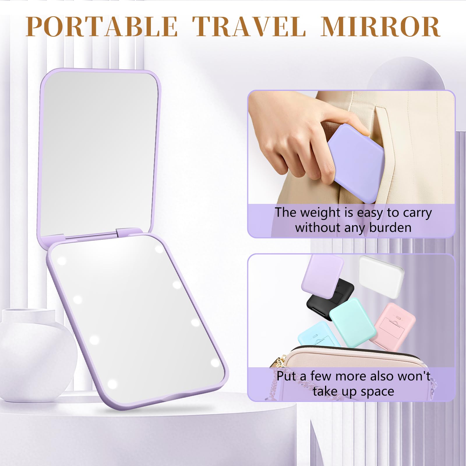 Kakuje compact mirror includes a built-in battery for on-the-go lighting.