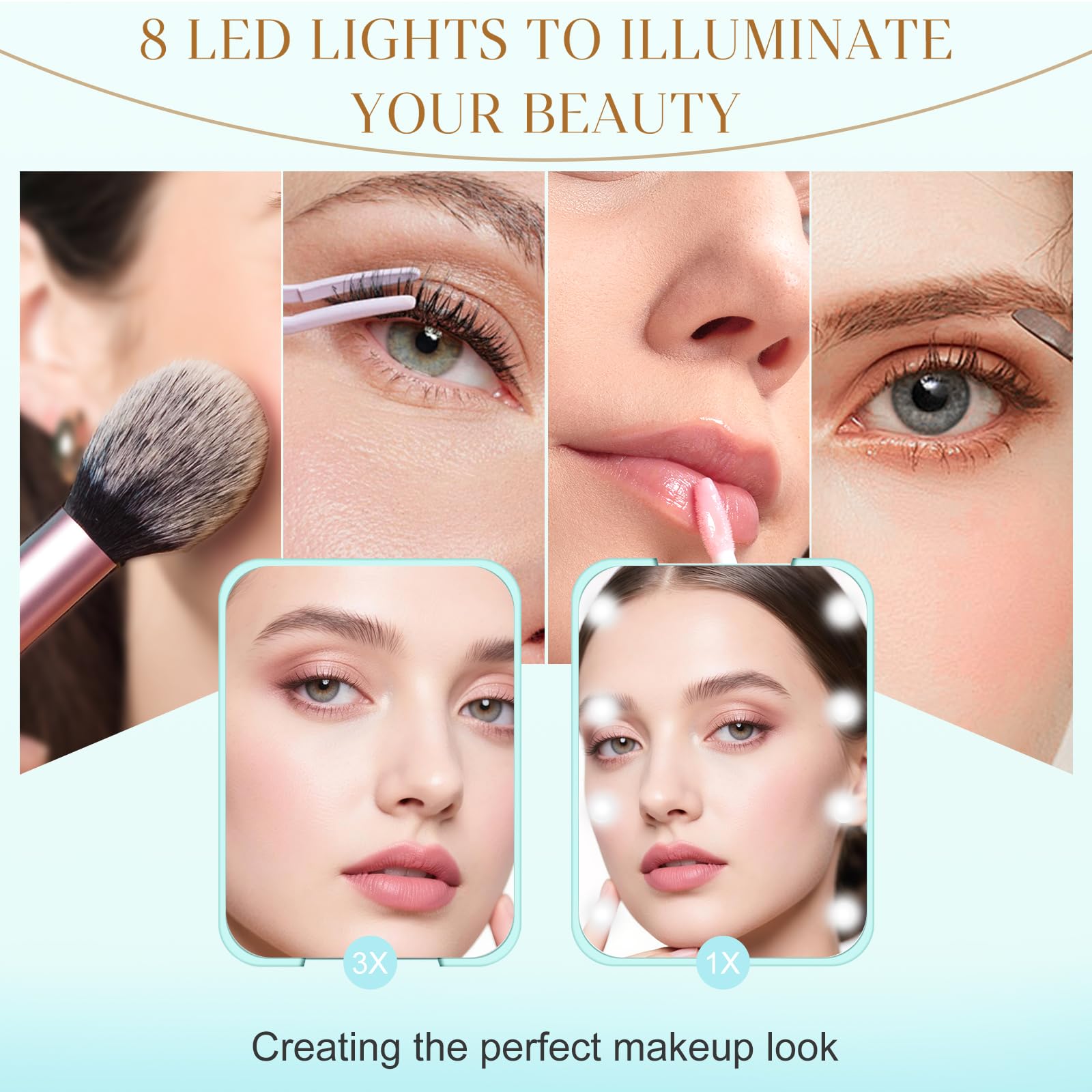 Kakuje LED pocket mirror powered by a built-in battery for quick touch-ups.