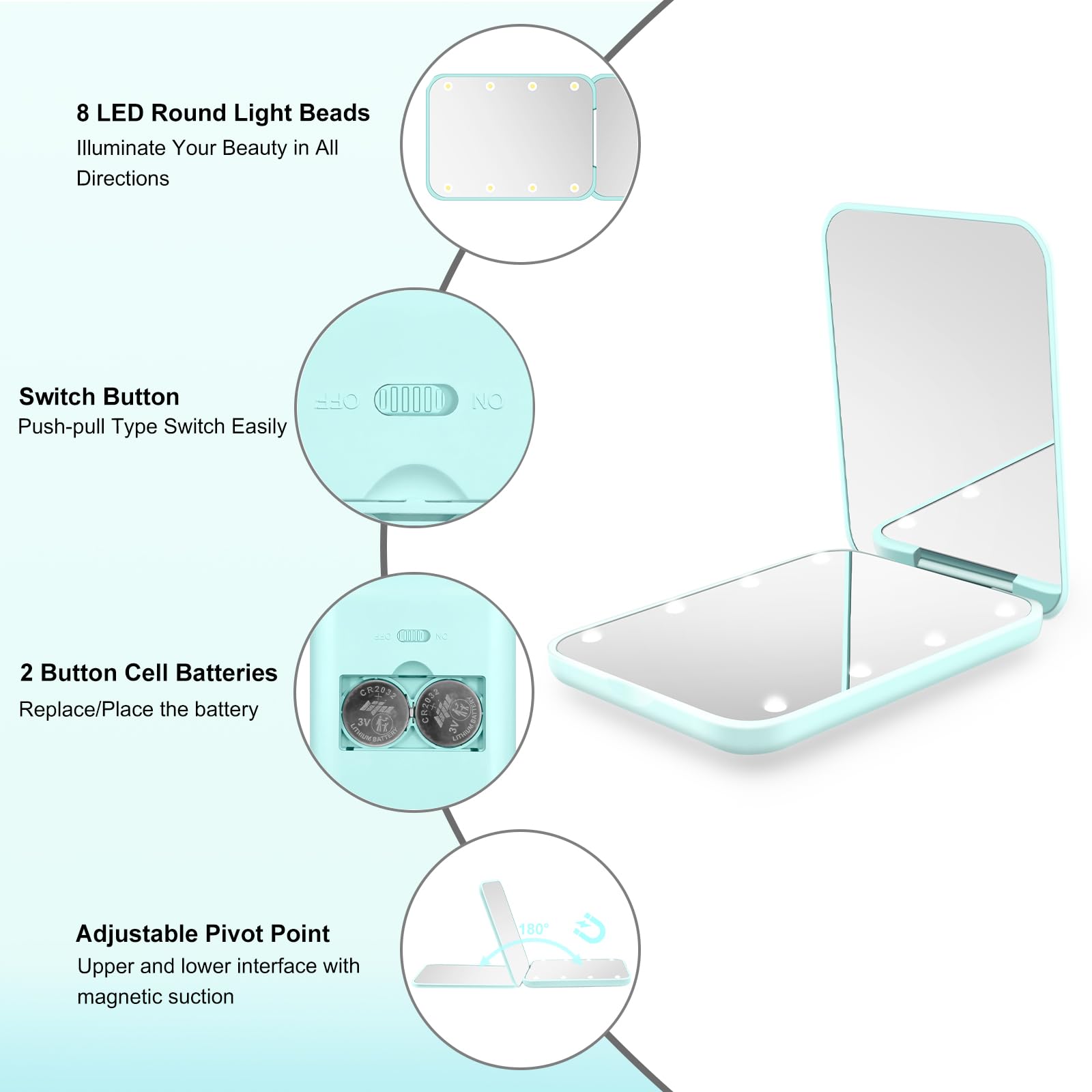 Kakuje mint green travel mirror designed for purse and bag convenience.