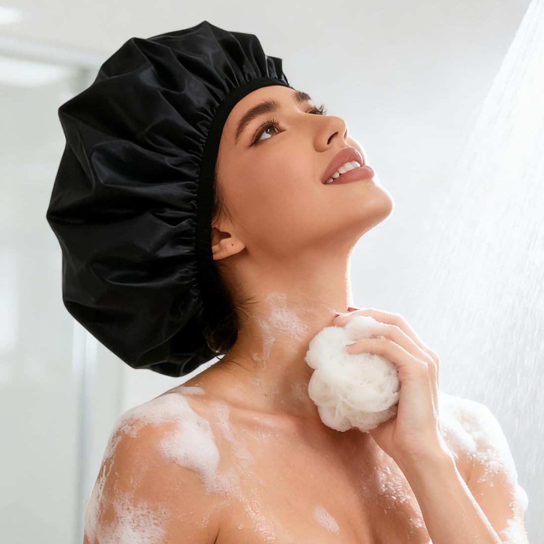 Large-cap design from KAKURUMA covers long curly hair for full protection.