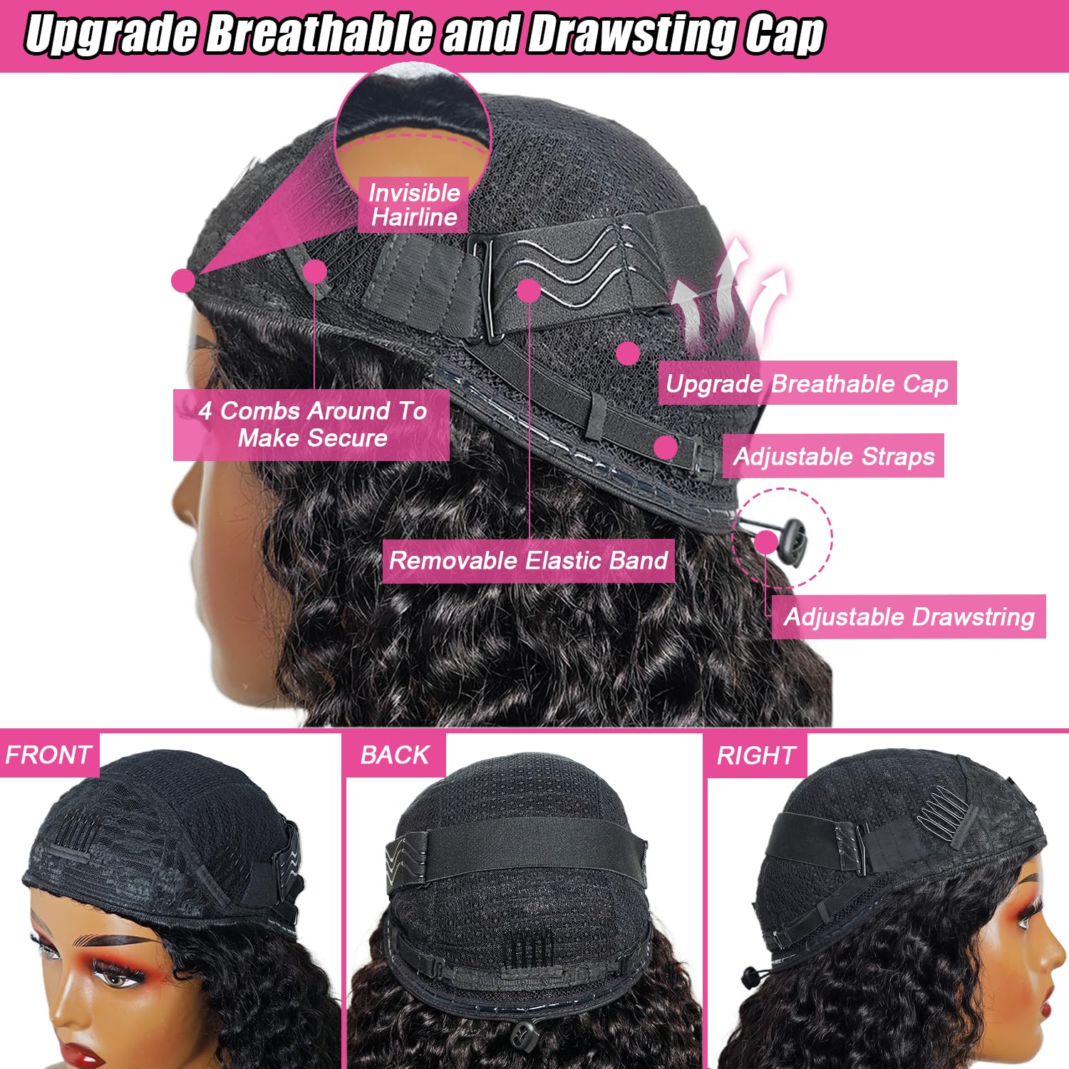 Kalomonia glueless seamless drawstring cap for easy secure fit