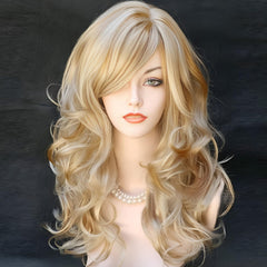 Kalyss Blonde Wig with Bangs, 22in front view, realistic long waves for everyday wear.