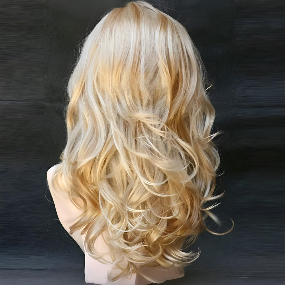 Kalyss Blonde Wig with Bangs, side view, voluminous waves for events.