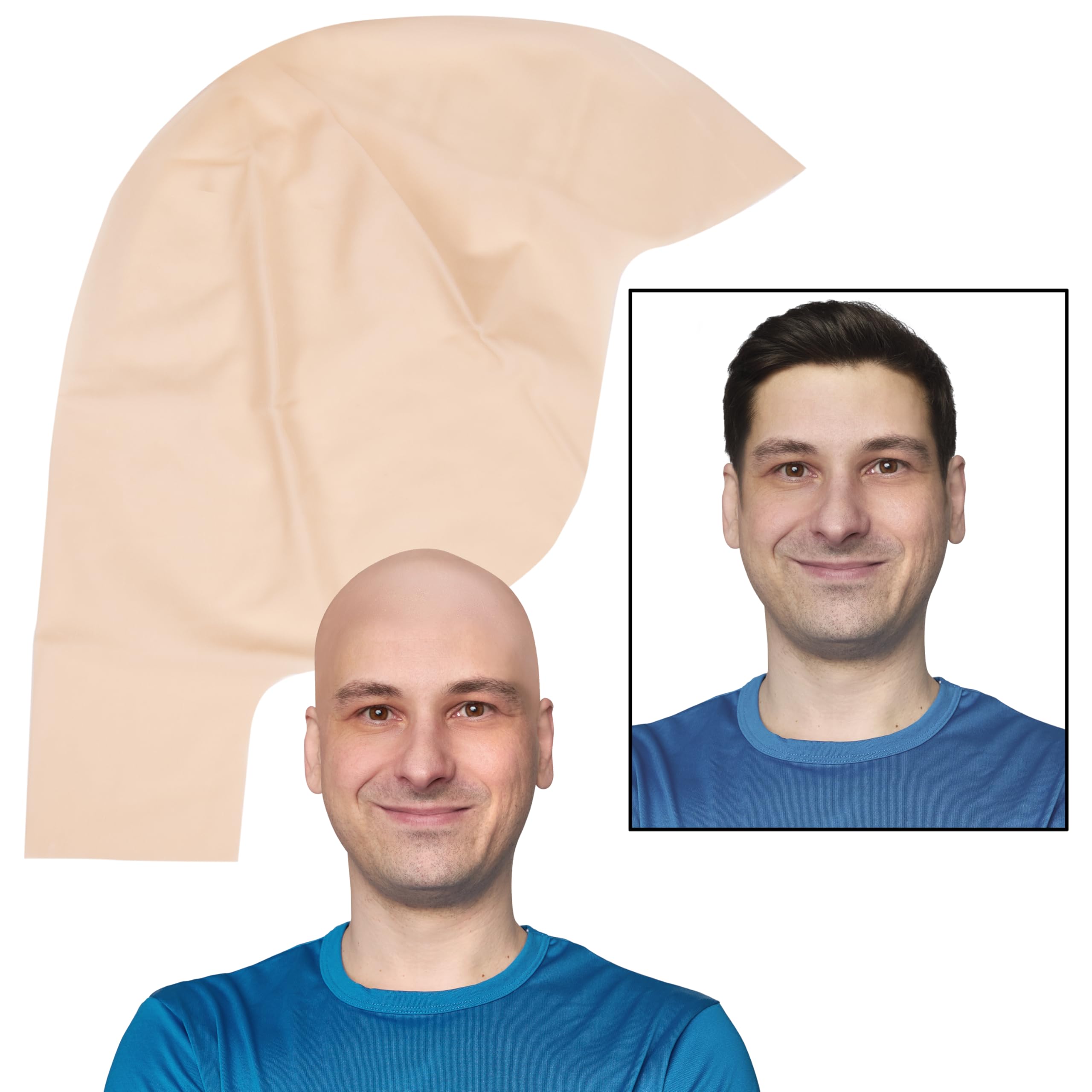 Kangaroo latex bald cap worn on head showing natural fit for stage makeup