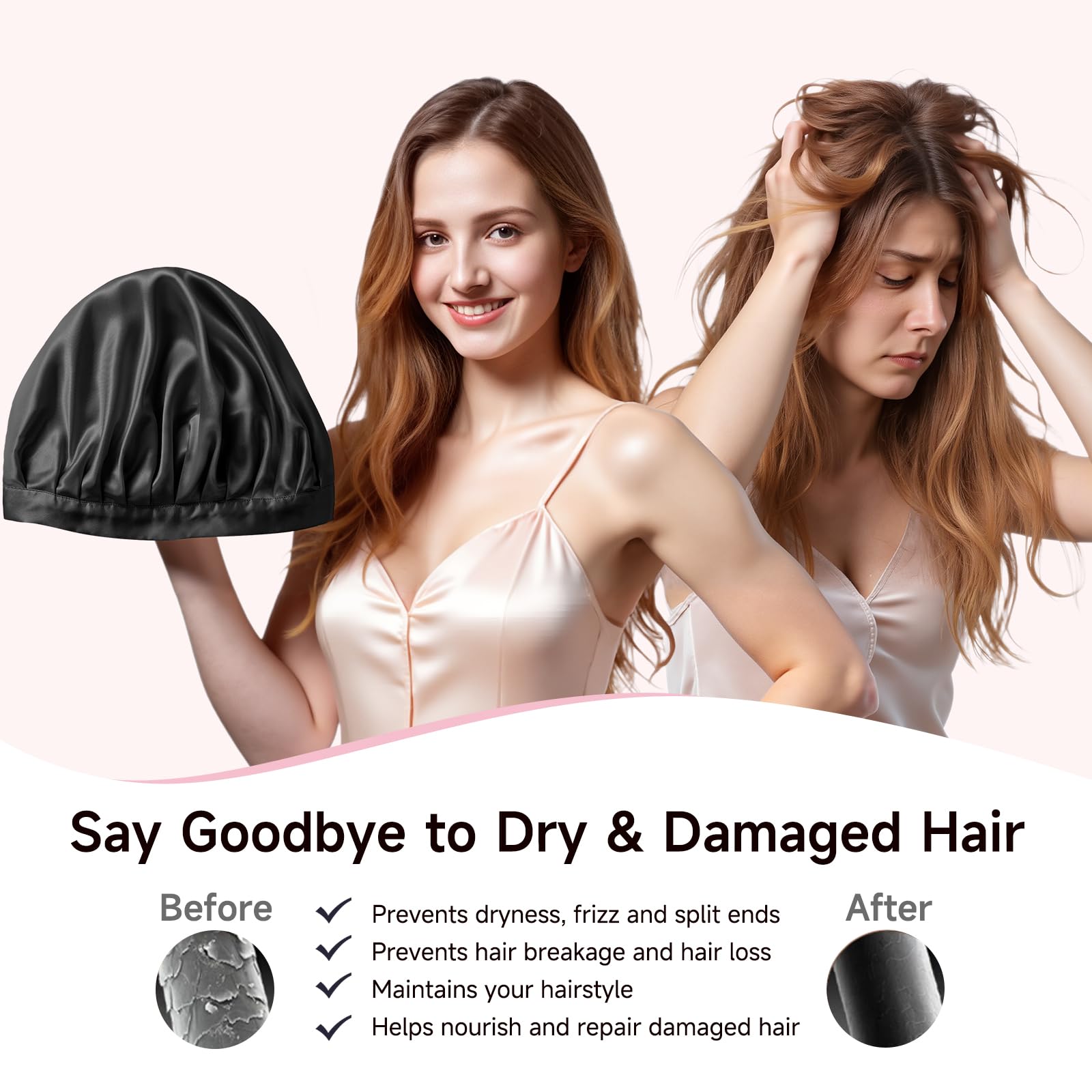 Kaome silk bonnet in a large size fits long curly hair for protection.