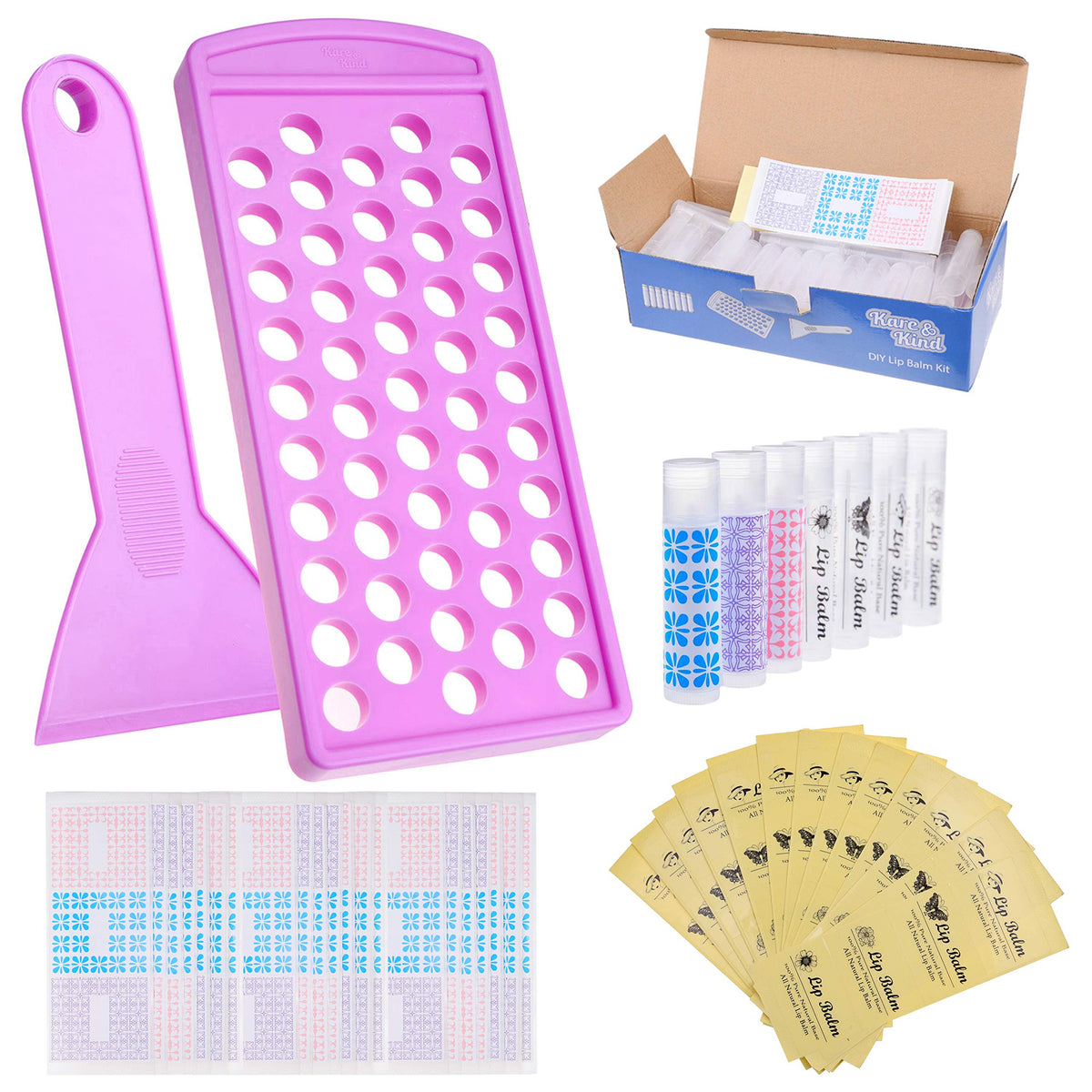 Kare & Kind lip balm filling tray kit close-up showing BPA-free tubes for DIY projects