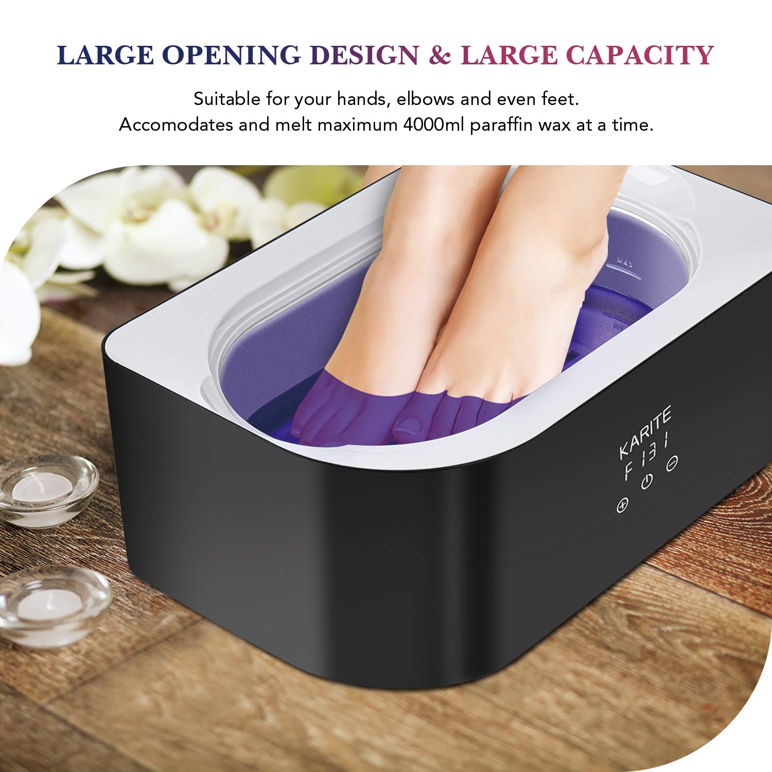 Auto-time and keep-warm features highlighted on Karite paraffin wax bath