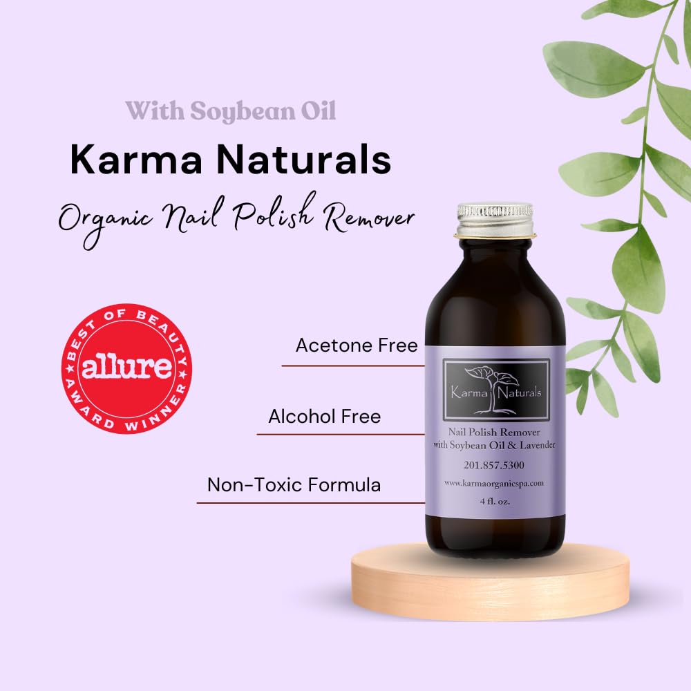 Envase de vidrio Karma Organic, muestra fórmula natural sin acetona.