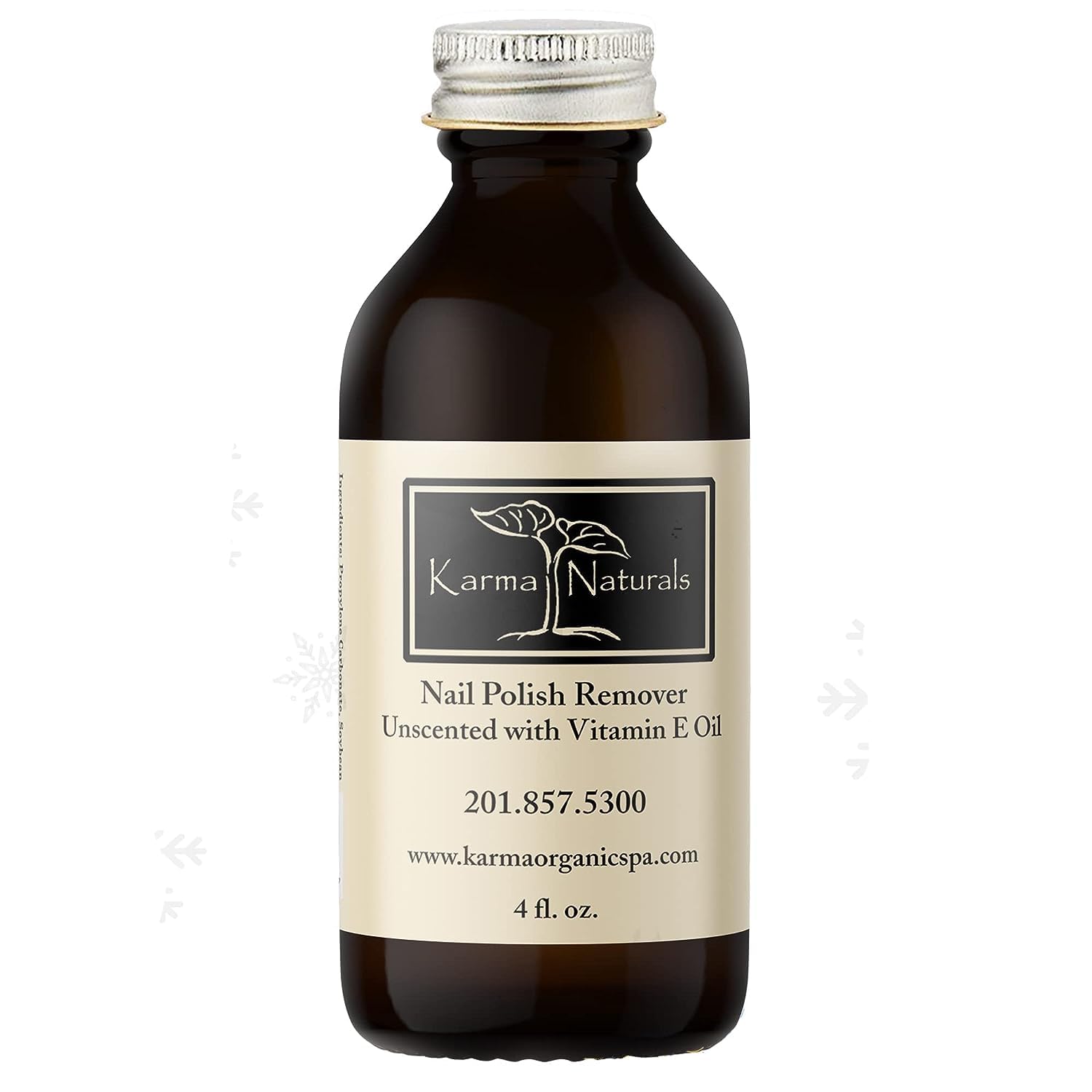 Botella de Karma Organic quitaesmalte sin aroma, para uñas suaves y fortalecidas.