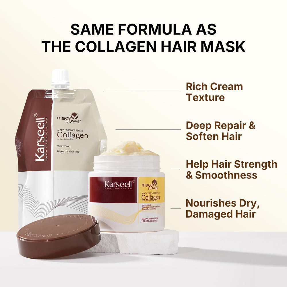 Karseell collagen hair treatment bottle back view with usage notes.