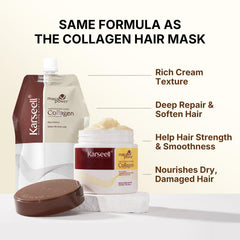 Karseell collagen hair treatment bottle back view with usage notes.