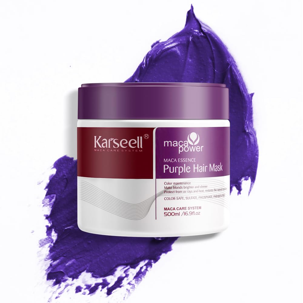 Karseell purple hair mask neutralizes brass on bleached hair for cooler tones.