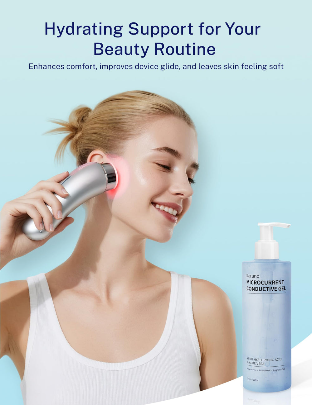 KARUNO hyaluronic acid infusion delivers deep hydration during microcurrent routines.