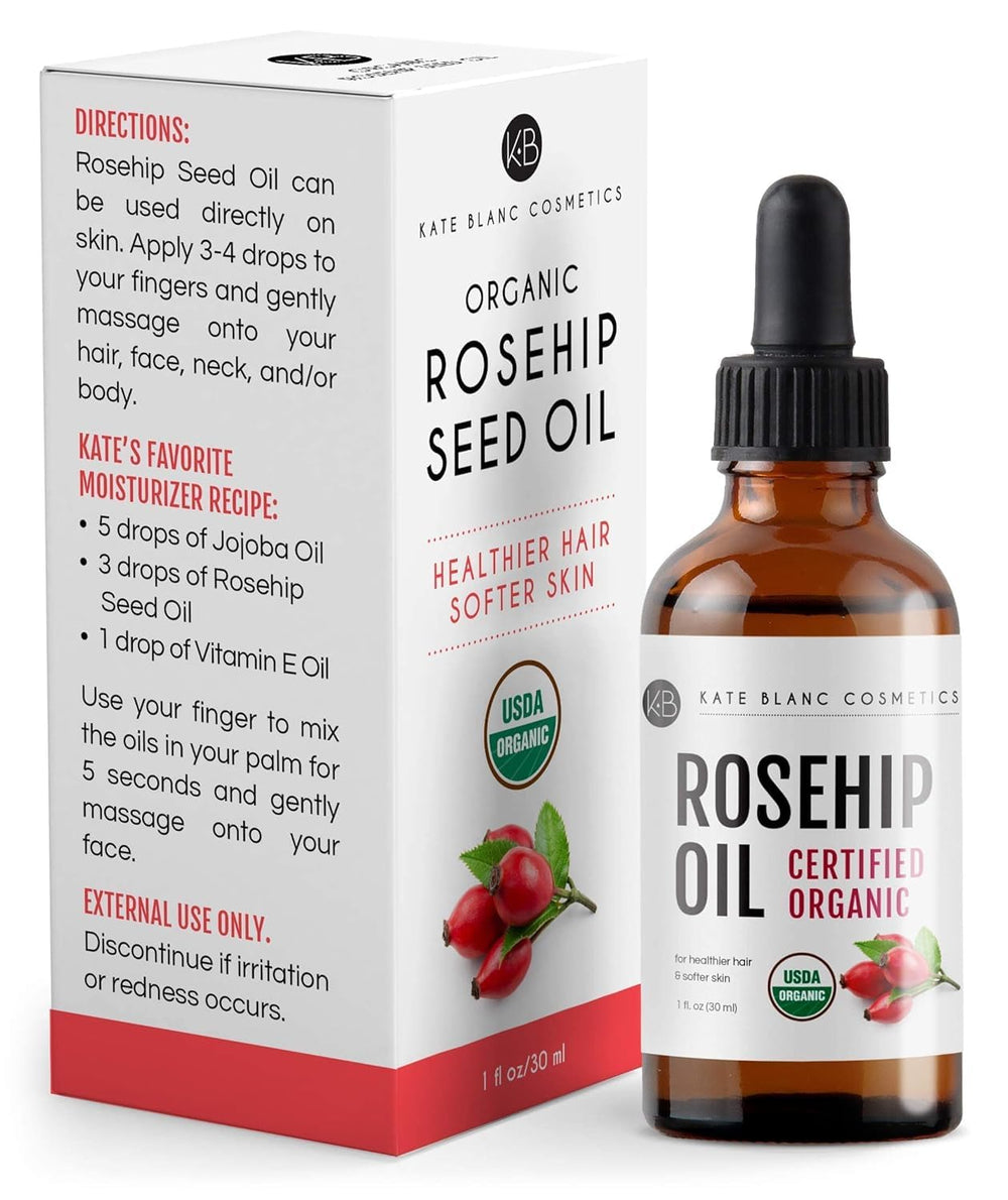 Kate Blanc Rosehip Oil brand logo close-up for trusted skincare.