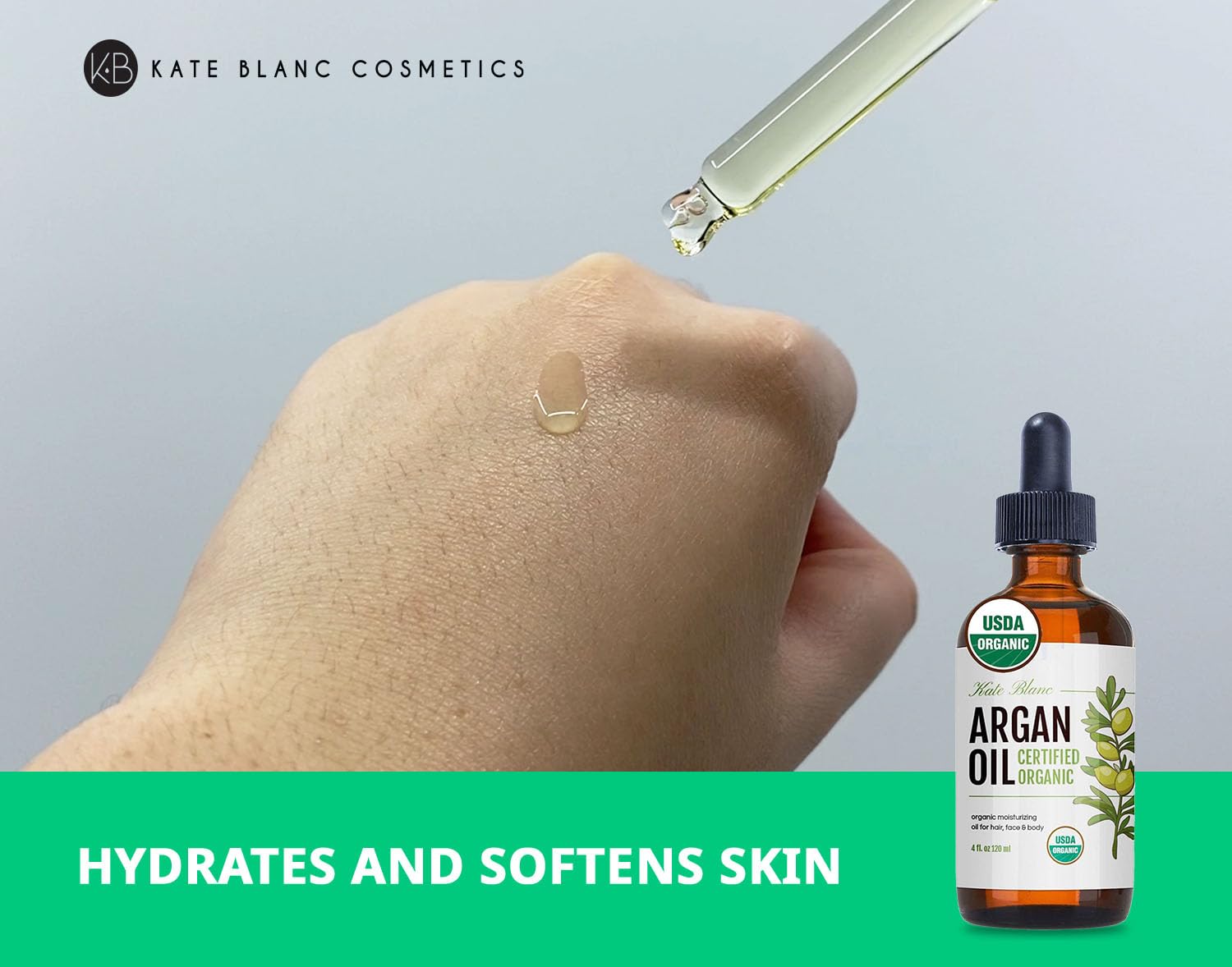 Kate Blanc Cosmetics Argan Oil demonstrates frizz-control for shiny, smooth hair without heaviness