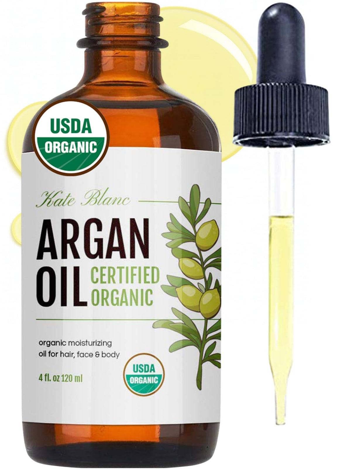 Kate Blanc Cosmetics Argan Oil hair bottle pour showing lightweight hydration for frizz-prone hair