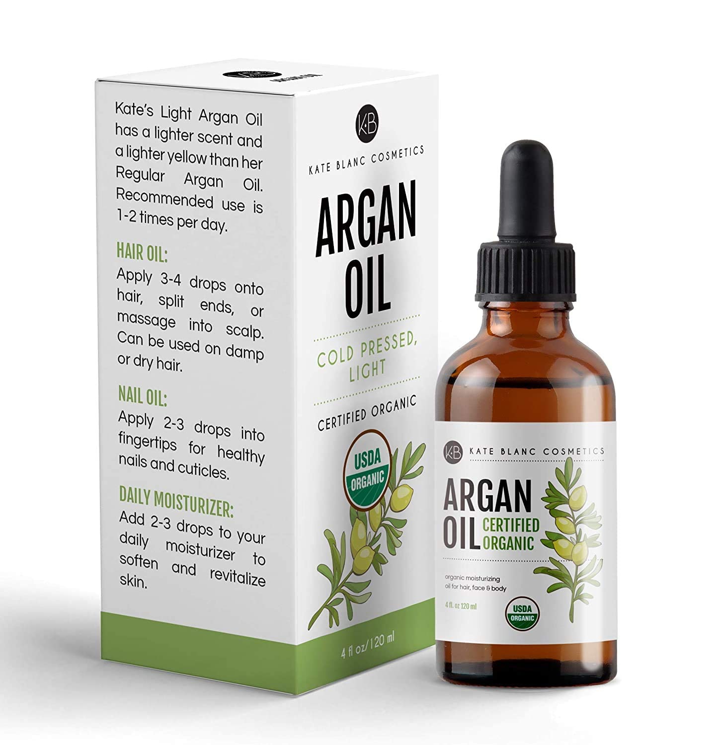Kate Blanc Cosmetics Argan Oil light version packaging conveying lighter scent and color