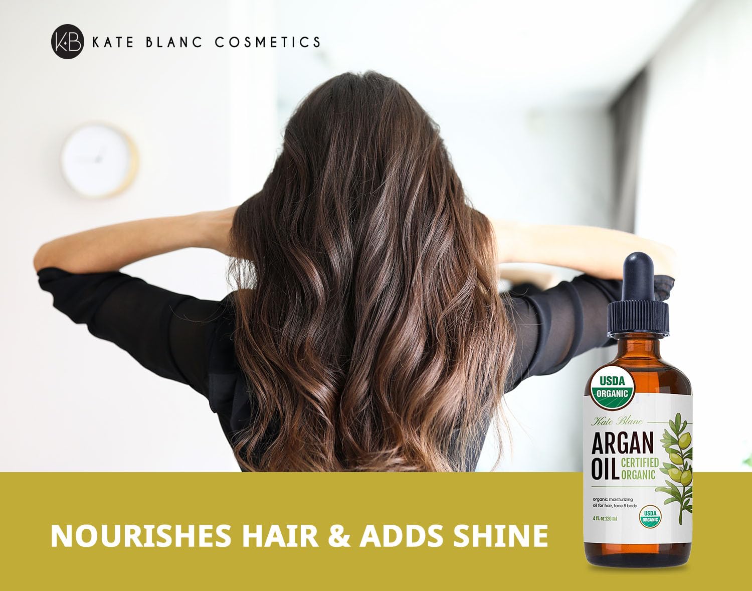 Kate Blanc Cosmetics Argan Oil texture close-up reveals golden, non-greasy feel for daily use