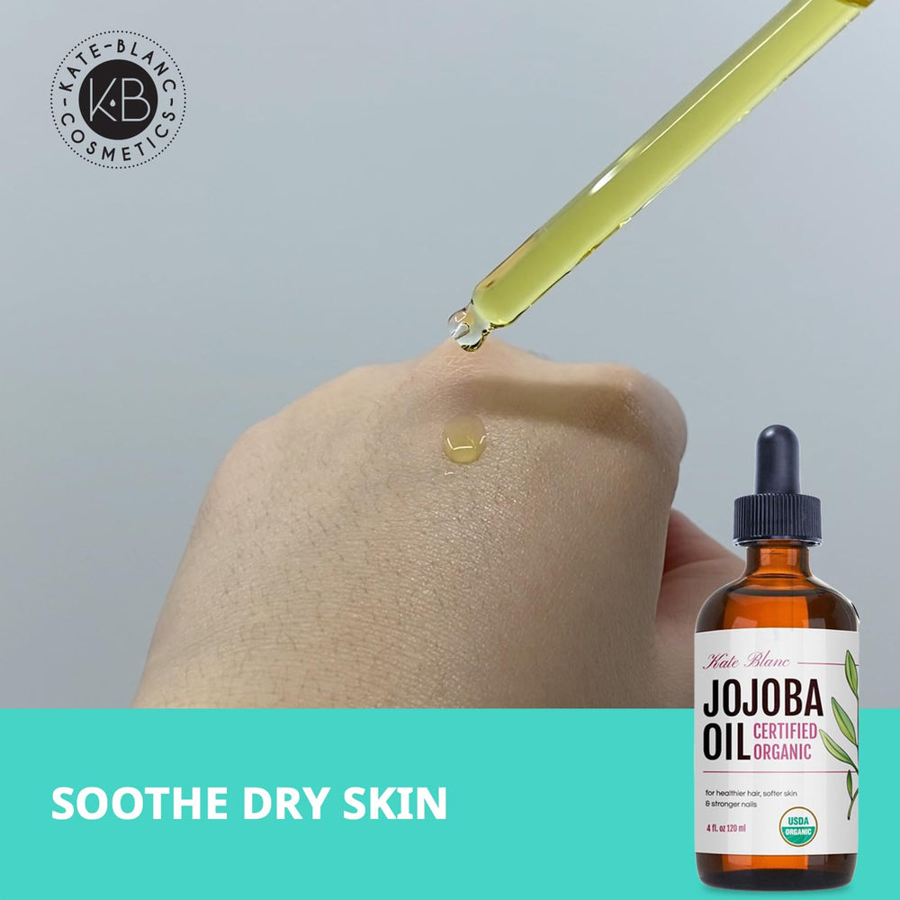 Kate Blanc Cosmetics jojoba oil for hair care leaves frizz tamed.