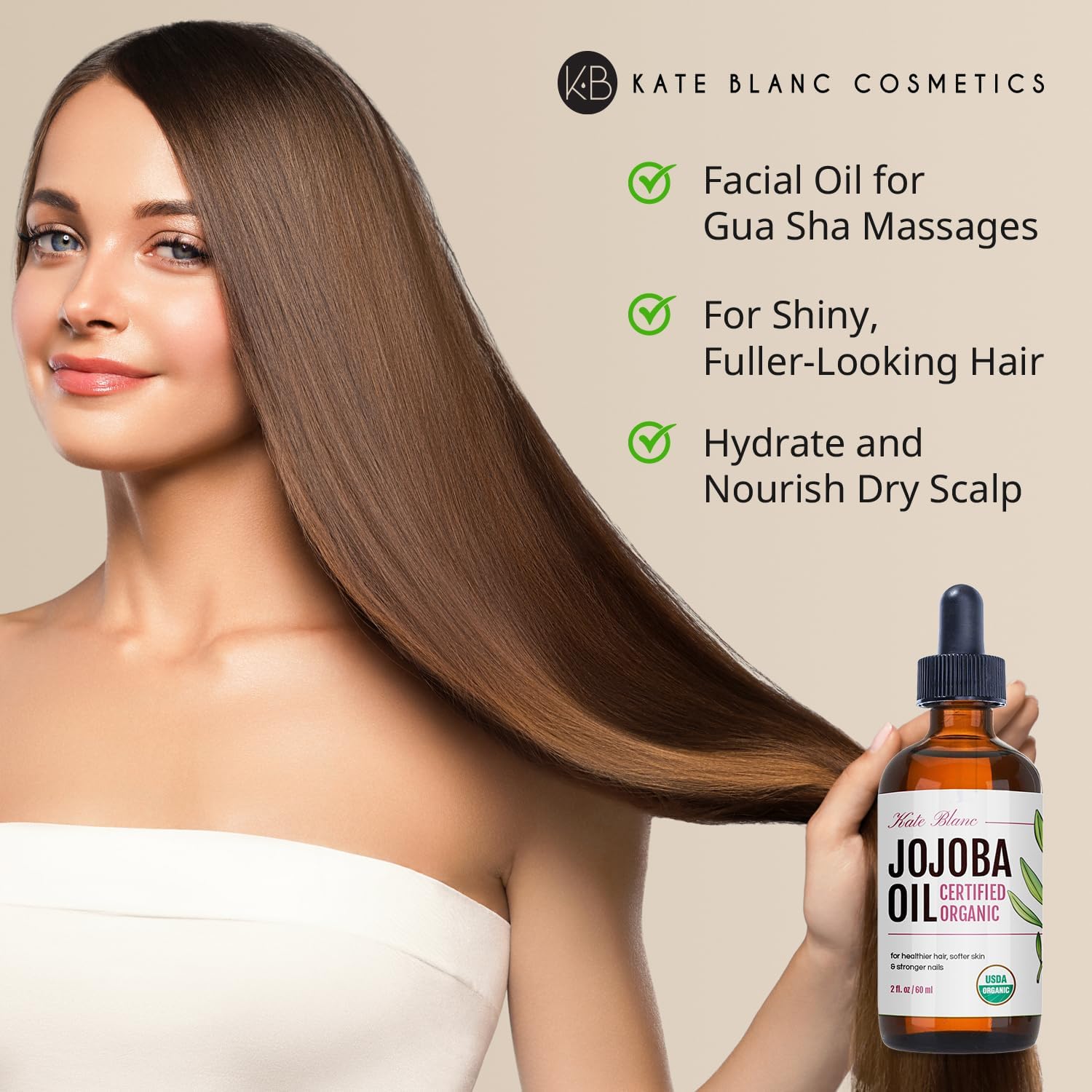 Kate Blanc Jojoba Oil applied to skin for lightweight moisture and balance.