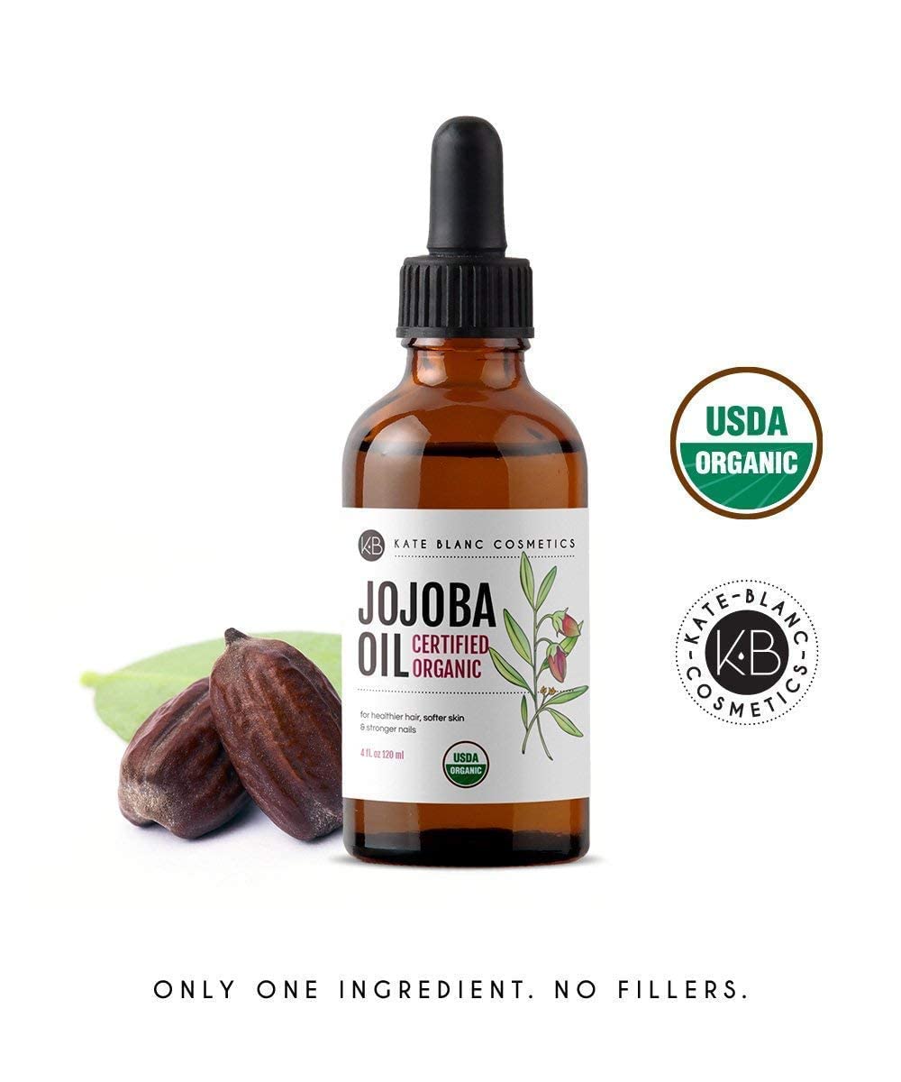 Amber glass packaging of Kate Blanc Jojoba Oil helps preserve freshness.
