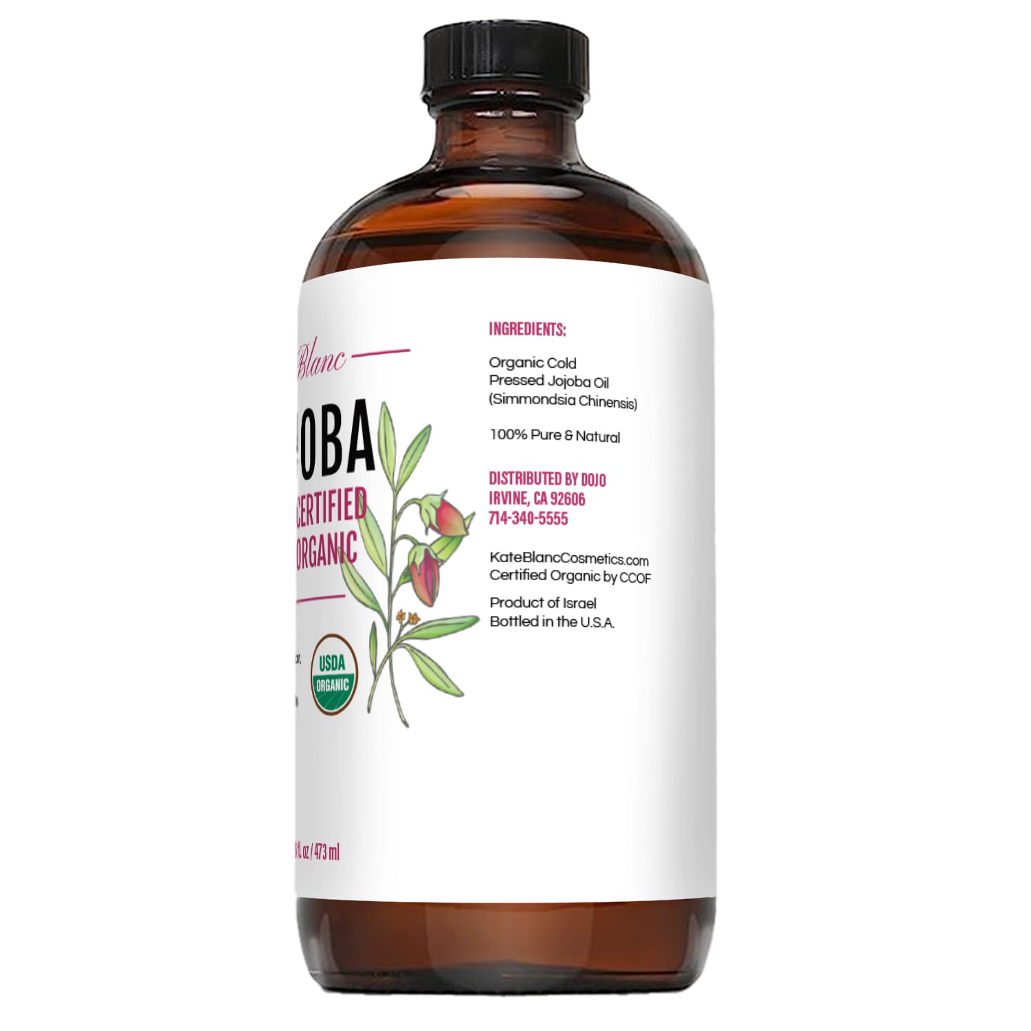 Kate Blanc Jojoba Oil pump bottle enables easy dispensing and mess-free use.