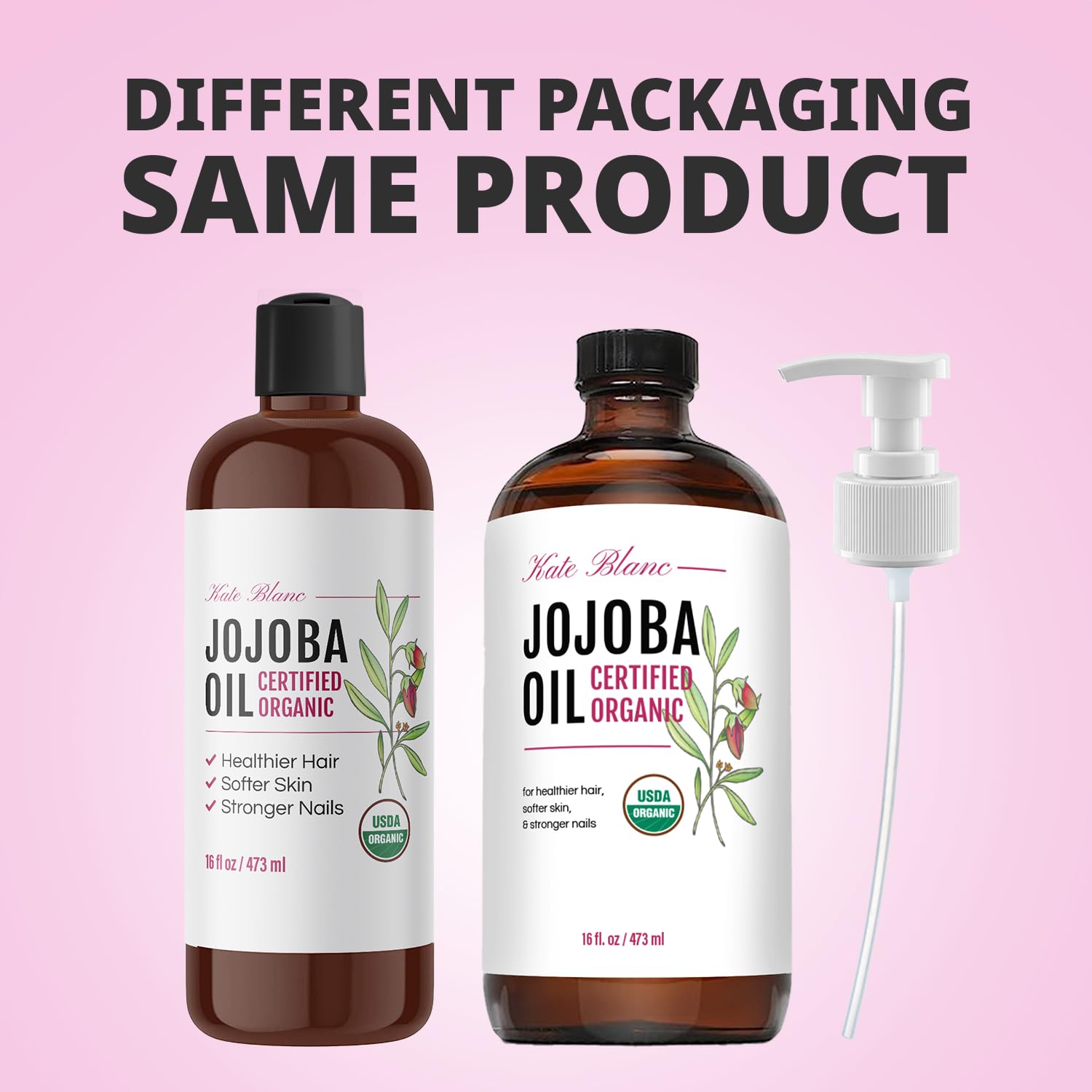 Kate Blanc Organic Jojoba Oil in amber glass bottle preserves purity and freshness.
