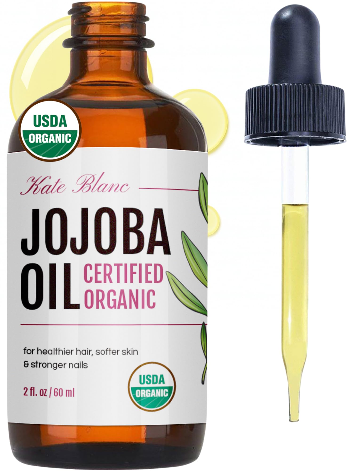 Kate Blanc Cosmetics Organic Jojoba Oil bottle for smooth, frizz-free hair.
