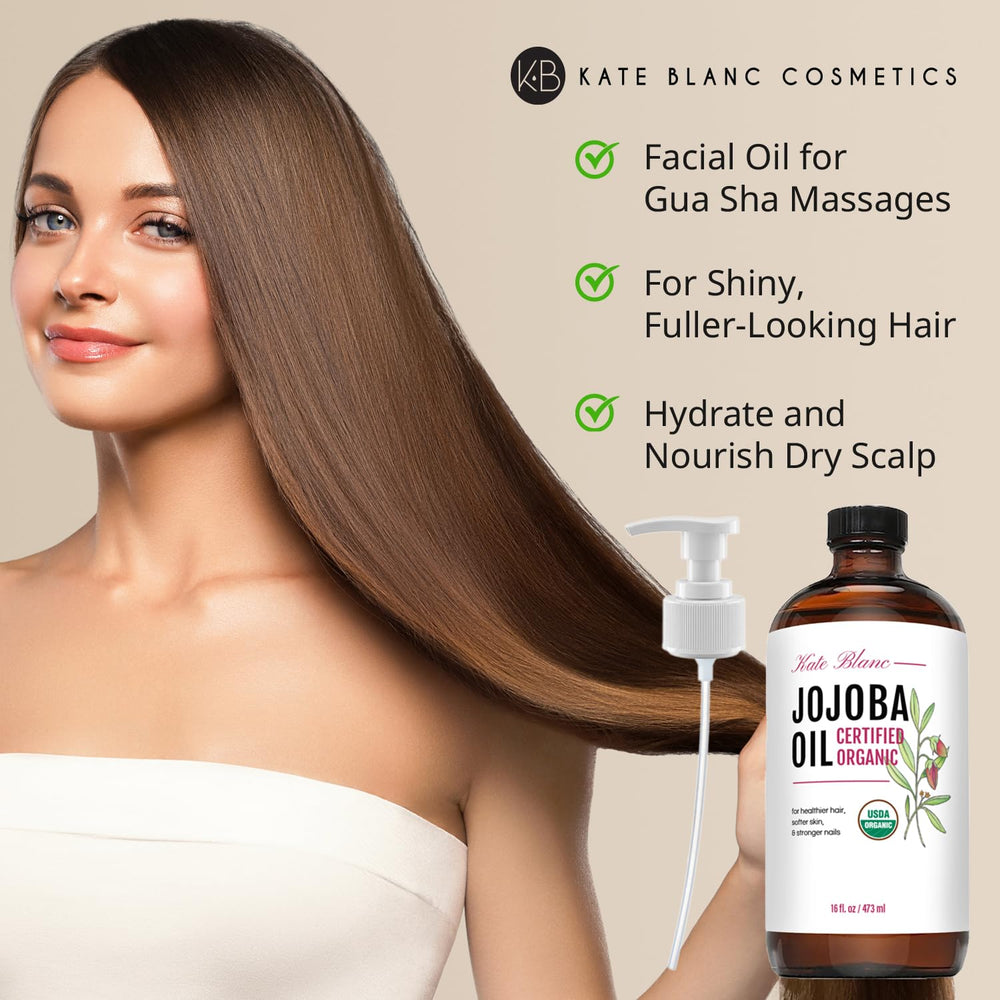 Close-up of Kate Blanc Organic Jojoba Oil for smooth gua sha routine.