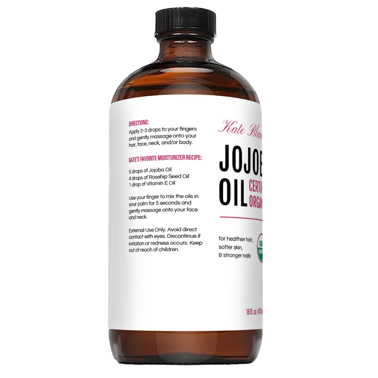 Kate Blanc Organic Jojoba Oil sustainably sourced in amber glass.