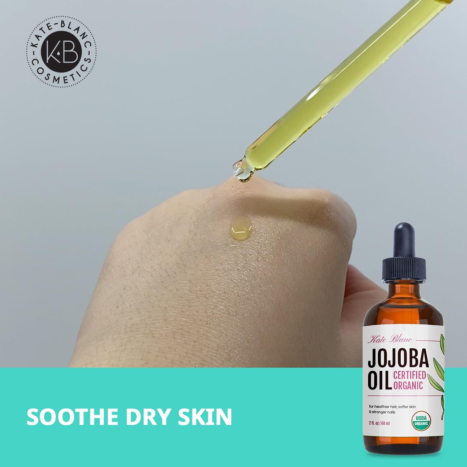 USDA-certified organic label on Kate Blanc Jojoba Oil bottle highlighting purity.